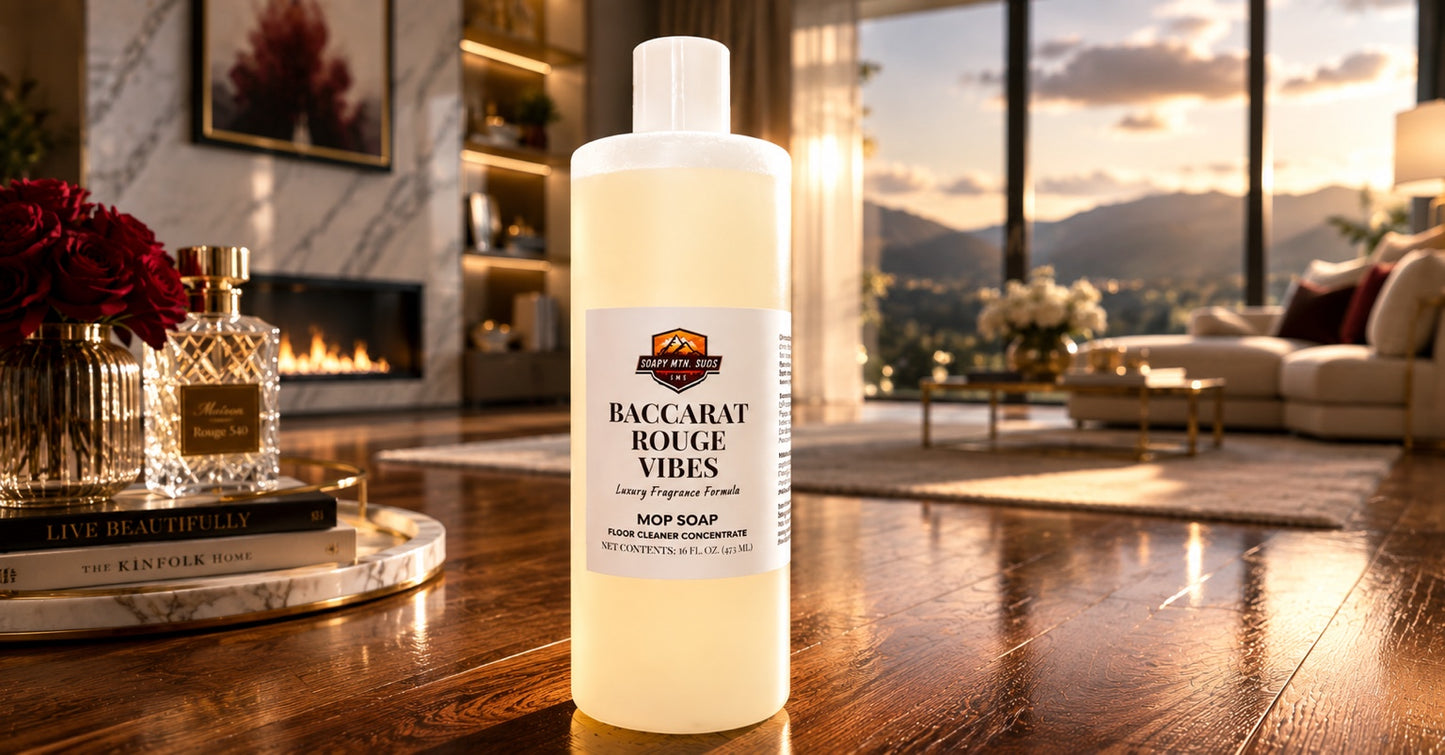 Baccarat Rouge Vibes Mop Soap luxury fragrance floor cleaner concentrate by Soapy Mtn. Suds displayed in an elegant living room with hardwood floors and luxury décor.