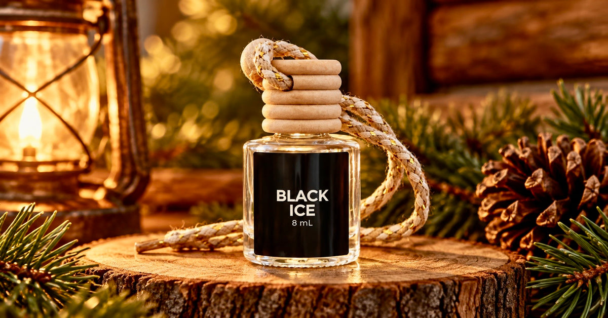 Black Ice 8 mL hanging car diffuser displayed on rustic wood with pine branches, pine cone and warm lantern