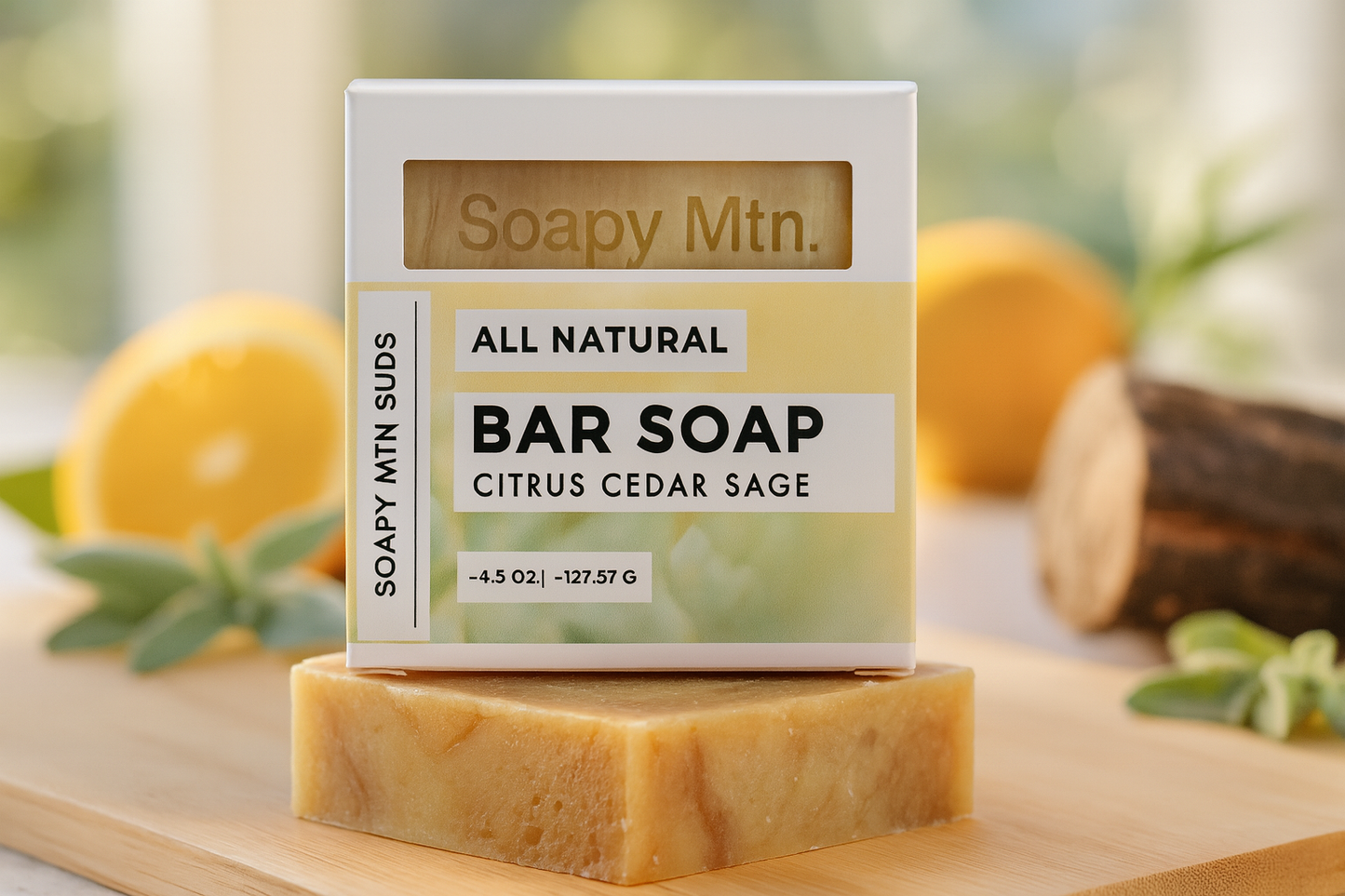 Soapy Mtn Suds Citrus Cedar Sage Bar Soap β handcrafted cold process soap with bright citrus, grounding cedarwood, and herbal sage notes, made with natural oils for a refreshing, earthy clean.