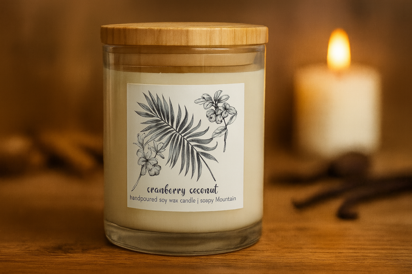 Cranberry Coconut 11oz Soy Candle by Soapy Mtn Suds – hand-poured soy–paraffin blend with tart cranberry and creamy coconut scent.