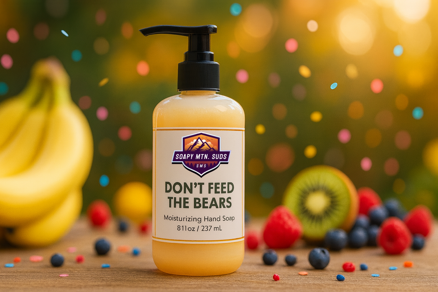 Soapy Mtn Suds Don’t Feed the Bears Hand Soap – core collection moisturizing liquid soap from the Smoky Mountain Collection with banana, mixed berries, kiwi, bubblegum, and fruity medley scent.