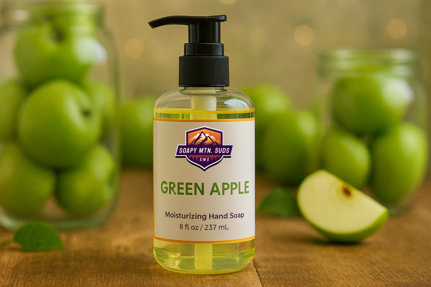 Soapy Mtn Suds Green Apple Hand Soap โ moisturizing liquid hand soap with crisp, fresh green apple scent, handcrafted for a refreshing clean.