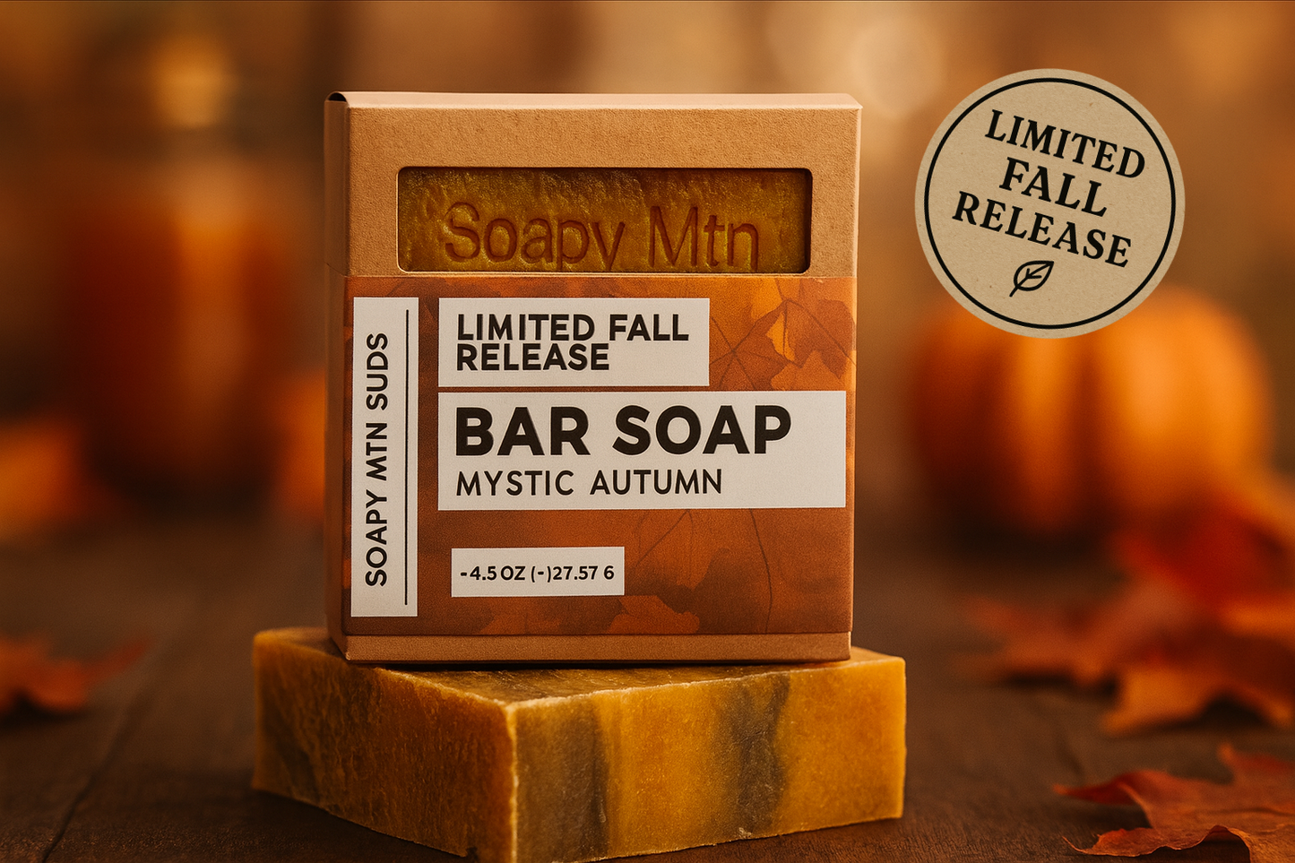 Soapy Mtn Suds Mystic Autumn Bar Soap โ handcrafted cold process soap with warm autumn spices, crisp fall air notes, and earthy undertones, made with natural oils for a nourishing clean.