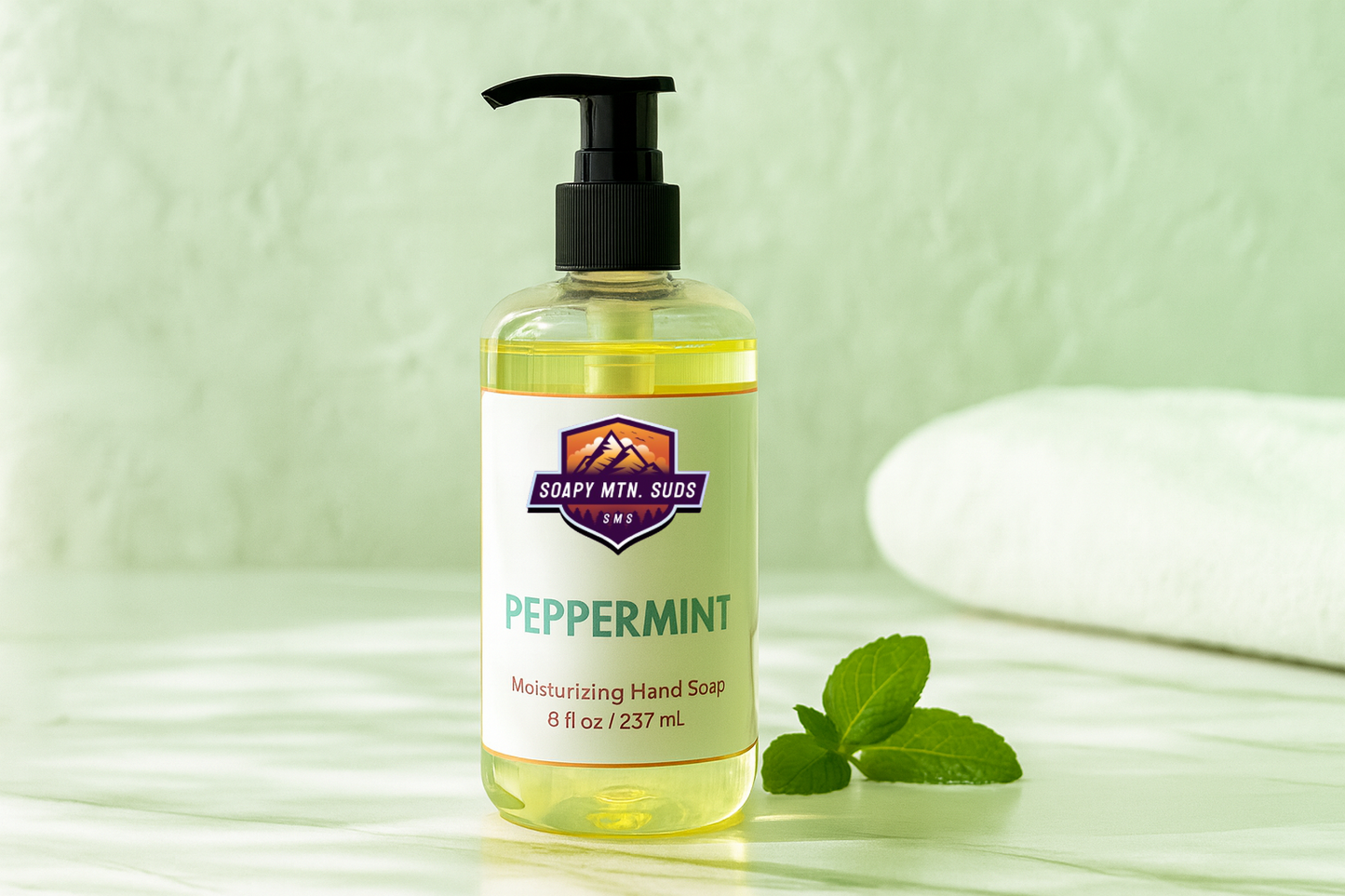 Soapy Mtn Suds Peppermint Hand Soap – core collection moisturizing liquid soap with bold peppermint scent, crafted with natural ingredients for a refreshing clean.