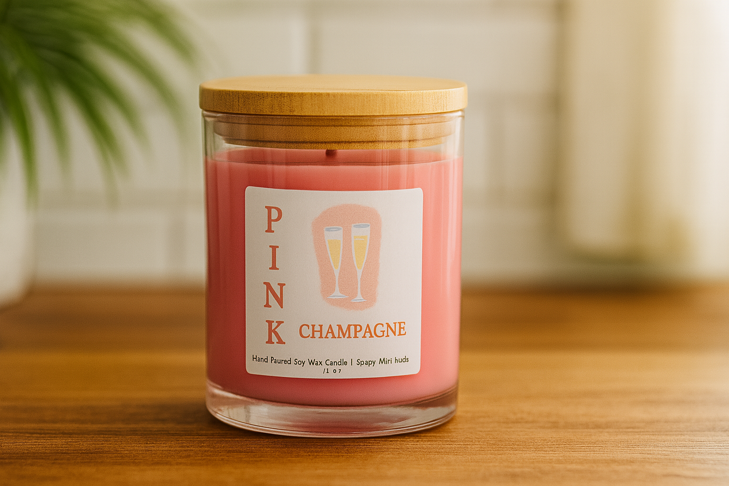 Pink Champagne 11oz Soy Candle by Soapy Mtn Suds – hand-poured soy–paraffin blend with black currant, effervescent champagne, nectarine, and musk scent.