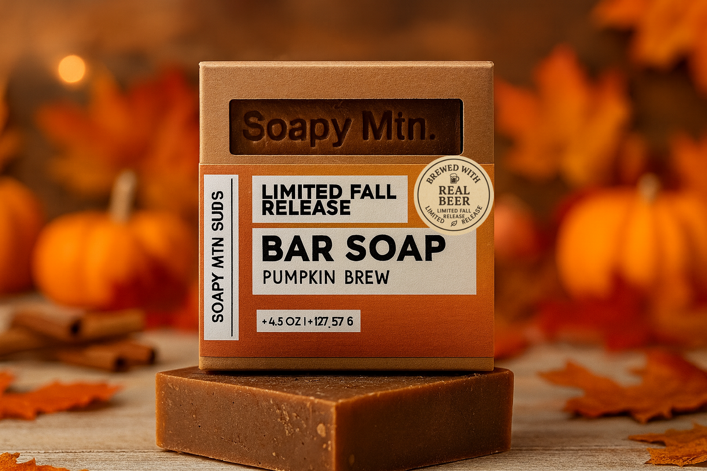 Soapy Mtn Suds Pumpkin Brew Bar Soap β handcrafted cold process soap with warm pumpkin spice and rich vanilla notes, nourishing natural oils for a creamy lather and soft skin.