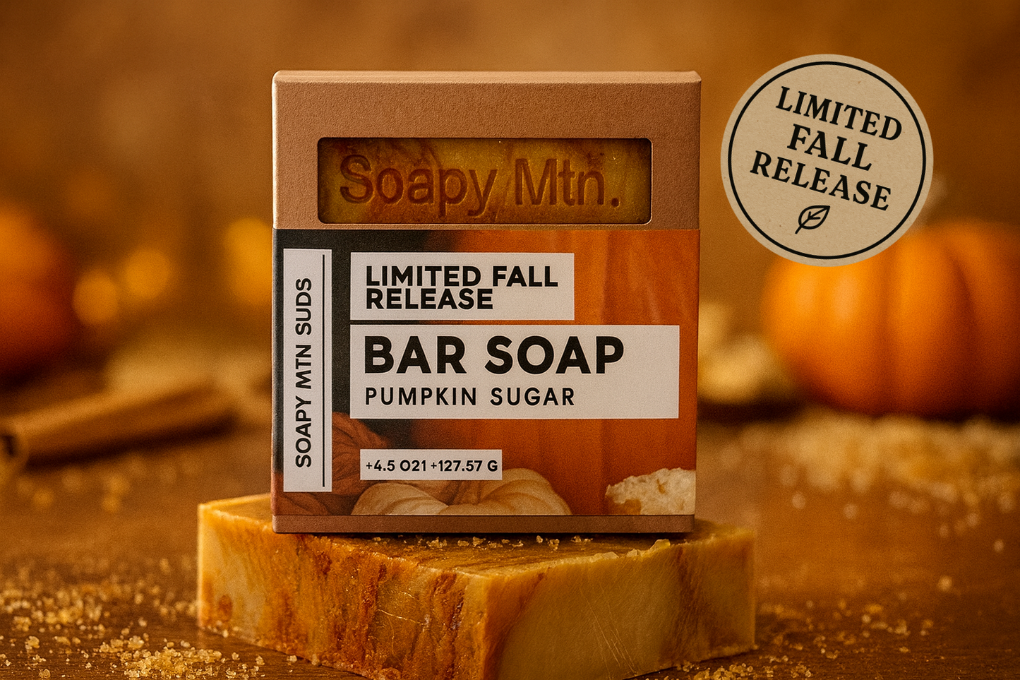 Soapy Mtn Suds Pumpkin Sugar Bar Soap β handcrafted cold process soap with sweet pumpkin, warm spices, and rich sugar notes, made with natural oils for a creamy lather and soft skin.