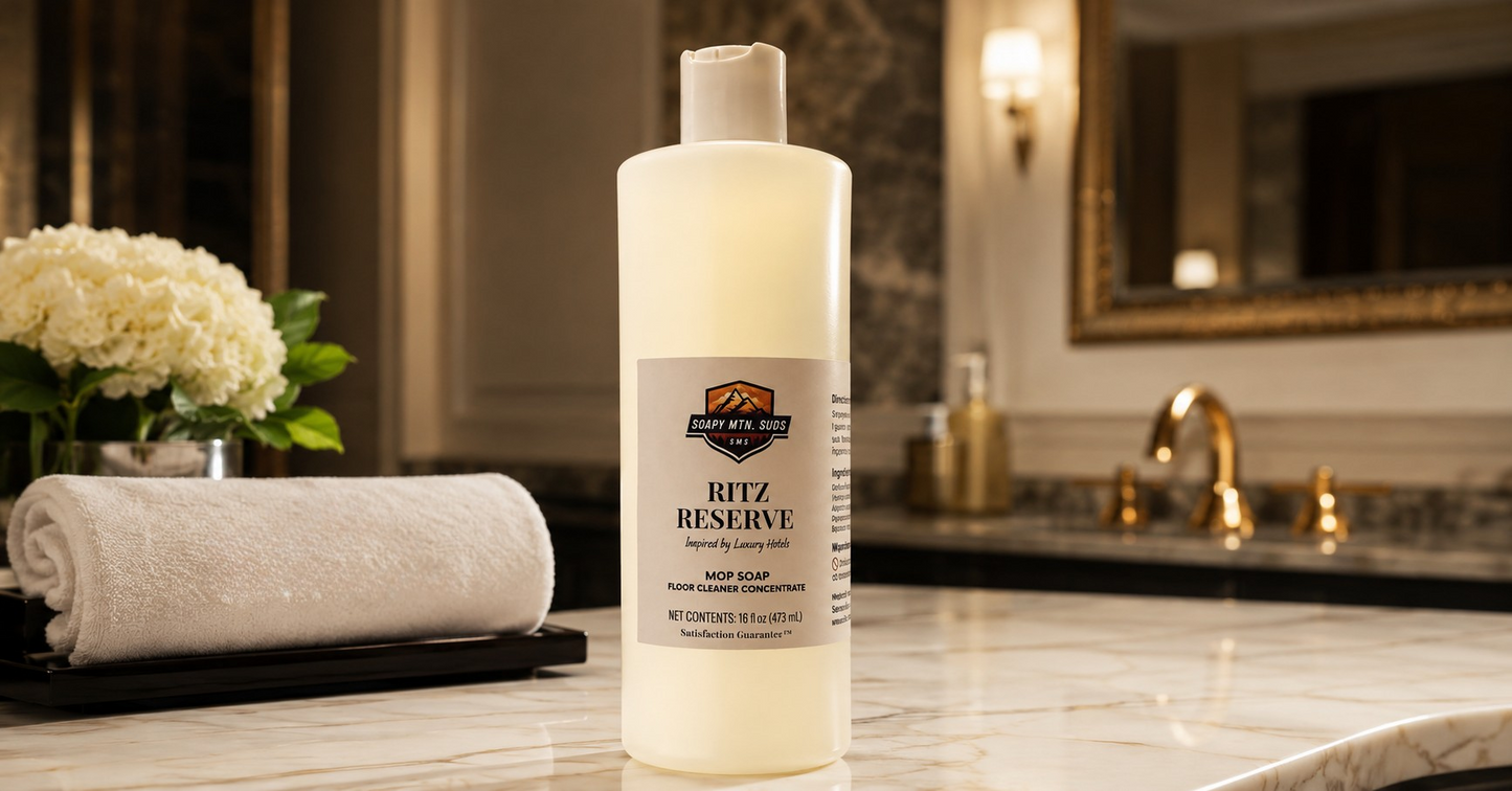 Ritz Reserve Mop Soap floor cleaner concentrate by Soapy Mtn. Suds displayed in a luxury hotel-inspired bathroom with marble countertop and white spa towel