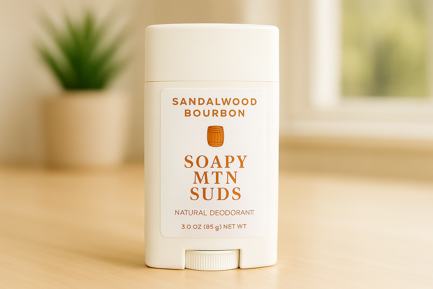 Soapy Mtn Suds Sandalwood Bourbon Natural Deodorant – aluminum-free, baking soda-free, paraben-free deodorant with smooth sandalwood and rich bourbon scent, handcrafted for sensitive skin.