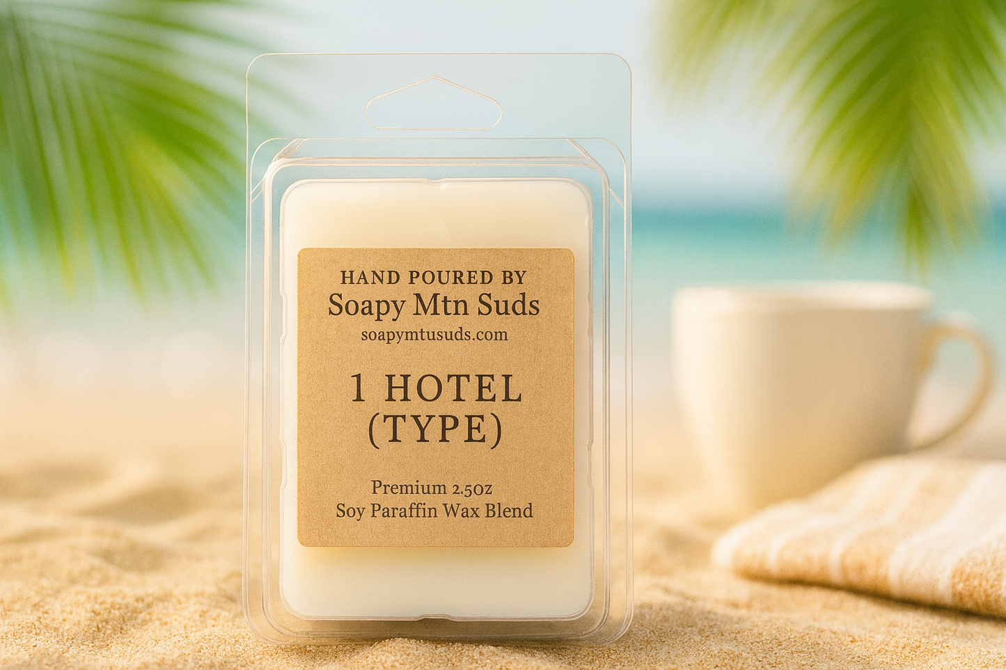 1 Hotel Type wax melts by Soapy Mtn Suds hand-poured soy paraffin blend inspired by luxury hotel scents with clean beach vibe and minimalist packaging
