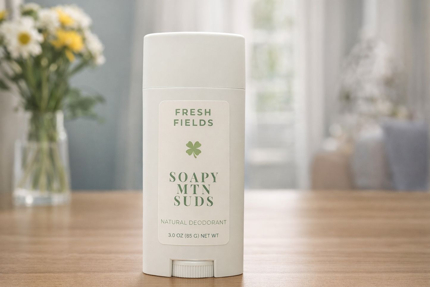 Fresh Fields natural deodorant by Soapy Mtn Suds, aluminum-free deodorant with clean fresh scent and gentle all natural ingredients