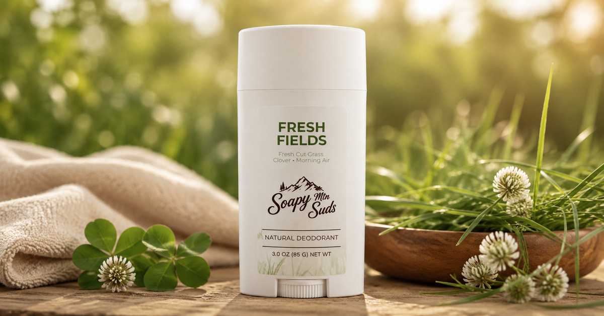 Soapy Mtn Suds Fresh Fields Natural Deodorant with fresh grass and clover in a bright outdoor setting