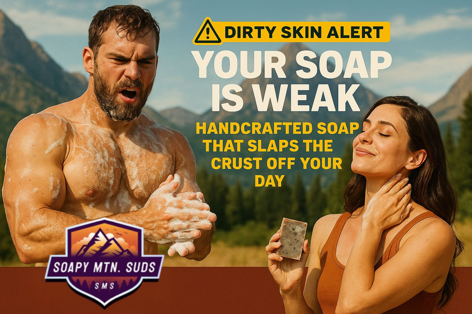 Soapy Mtn Suds Dirty Skin Alert promo with man flexing and woman holding handcrafted soap outdoors, text reads “Your Soap is Weak – Handcrafted Soap That Slaps the Crust Off Your Day.”