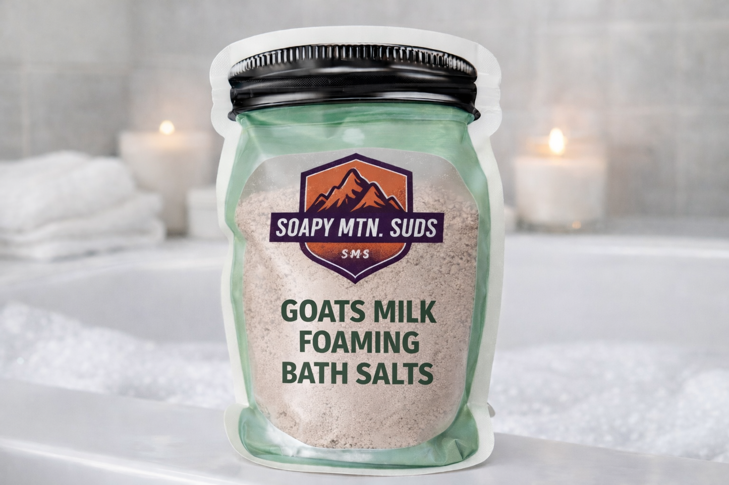 Oatmeal Milk and Honey goat milk foaming bath salts by Soapy Mtn Suds, soothing skin-softening bath soak made with creamy goat milk, comforting oatmeal and honey scent, and foaming mineral salts in jar packaging
