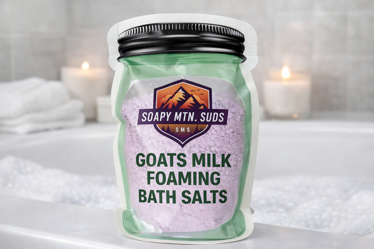 Serenity Soak lavender goat milk foaming bath salts by Soapy Mtn Suds, relaxing spa bath soak with creamy goat milk, calming lavender scent, and foaming mineral salts in jar packaging