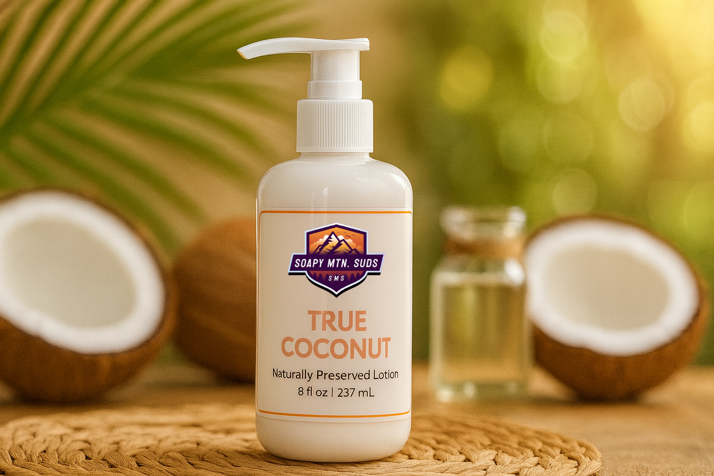 Soapy Mtn Suds True Coconut Lotion – limited seasonal release naturally preserved lotion with tropical coconut scent, handcrafted to hydrate and soften skin.