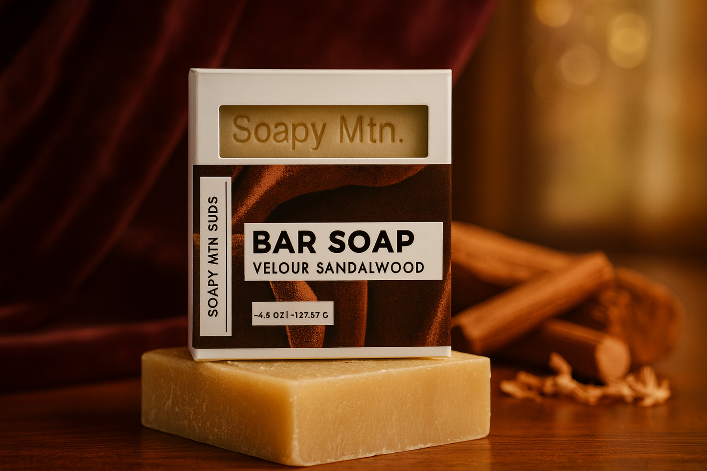 Soapy Mtn Suds Velour Sandalwood Bar Soap – handcrafted cold process soap with soft sandalwood, smooth vanilla, and powdery musk notes, made with natural oils for a luxurious clean.