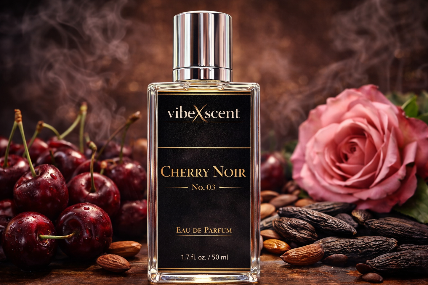 Cherry Noir No. 03 perfume by VibeXscent, luxury cherry fragrance inspired by Lost Cherry featuring dark cherries, almond, vanilla, and rose notes in an elegant glass bottle