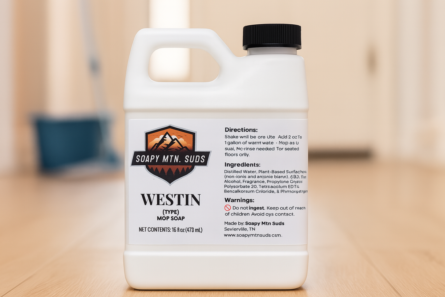 Soapy Mtn Suds Westin-Inspired Concentrated Mop Soap – pH neutral, low-foam floor cleaner with luxury hotel-inspired fragrance, safe for daily mopping.