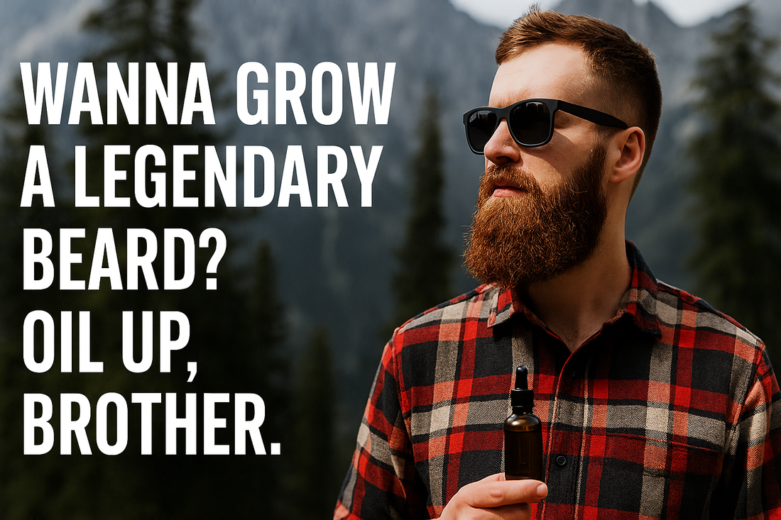 Legendary Beard Care Starts Here blog graphic featuring bearded man and Soapy Mtn Suds beard oil promotion