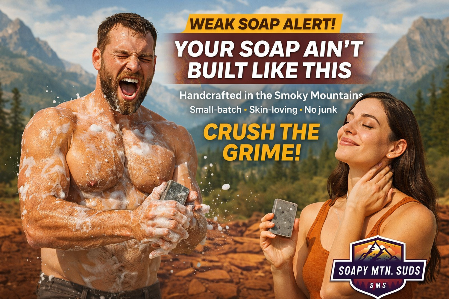 Bold Soapy Mtn Suds ad featuring a muscular man covered in soap lather and a smiling woman holding handmade soap bars against a Smoky Mountain backdrop. Promotional text reads “Weak Soap Alert! Your Soap Ain’t Built Like This” and “Crush the Grime!” highlighting handcrafted, small-batch, skin-loving soap made in the Smoky Mountains. Soapy Mtn Suds logo displayed in bottom corner.