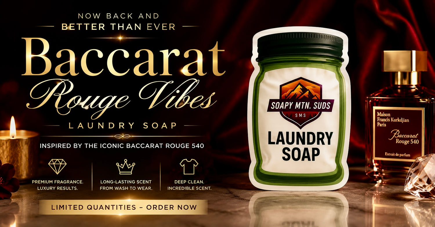Baccarat Rouge Vibes Laundry Soap by Soapy Mtn Suds featuring a luxury-inspired fragrance with rich amber, warm woods, and long-lasting scent for fresh-smelling laundry.