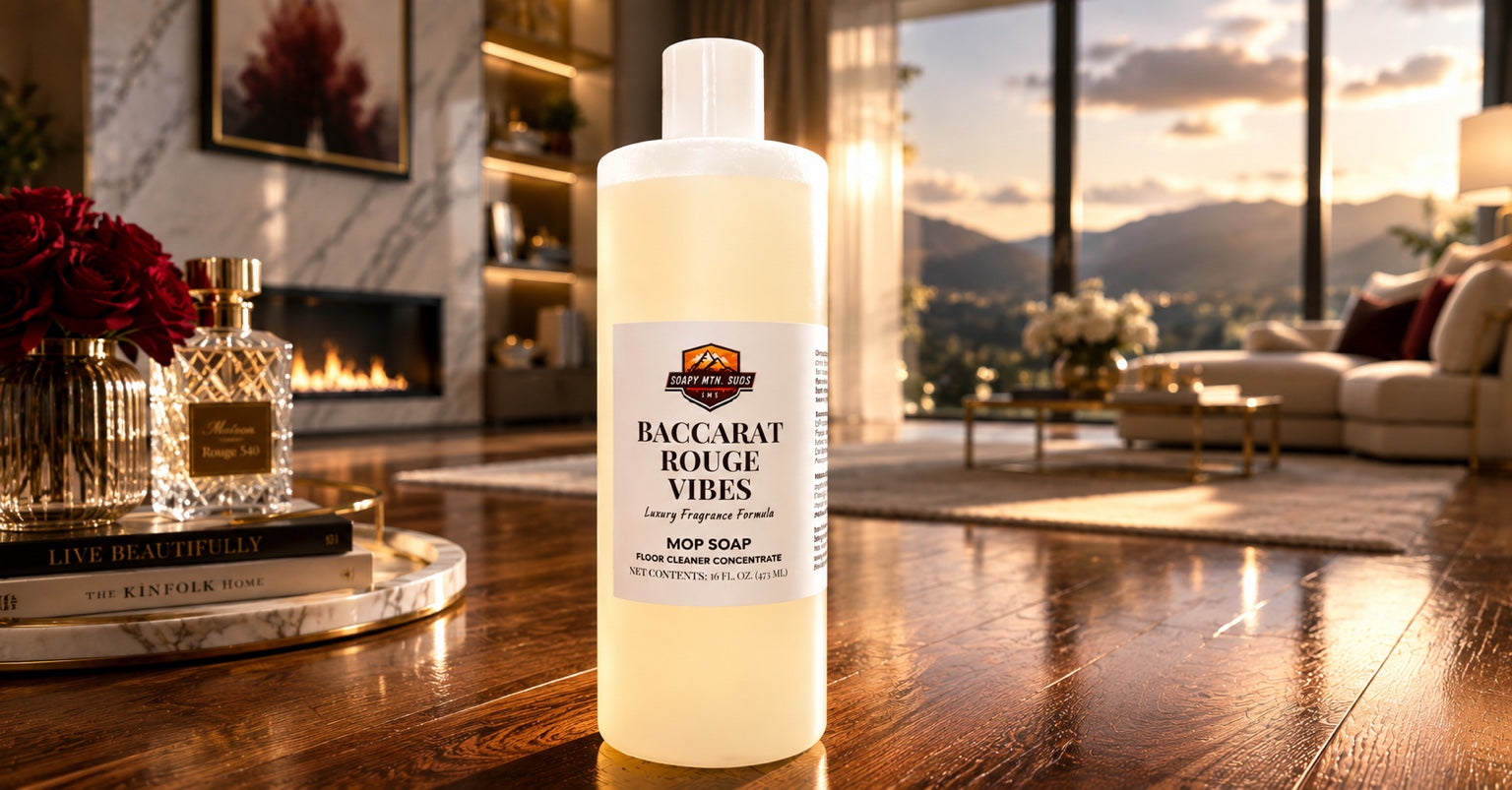 Baccarat Rouge Vibes Mop Soap luxury fragrance floor cleaner concentrate by Soapy Mtn. Suds displayed in an elegant living room with hardwood floors and luxury décor.