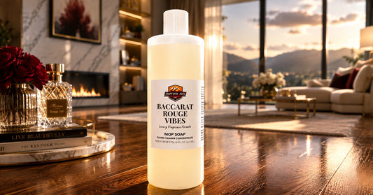 Baccarat Rouge Vibes Mop Soap luxury fragrance floor cleaner concentrate by Soapy Mtn. Suds displayed in an elegant living room with hardwood floors and luxury décor.