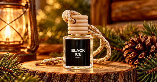 Black Ice 8 mL hanging car diffuser displayed on rustic wood with pine branches, pine cone and warm lantern