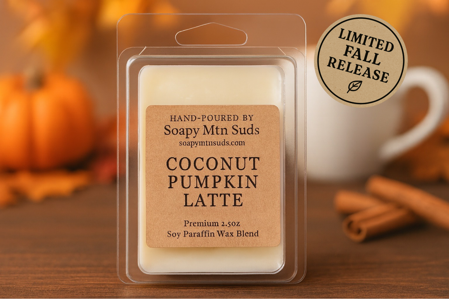 Coconut Pumpkin Latte Wax Melt by Soapy Mtn Suds – 2.5oz soy–paraffin blend clamshell, limited fall release with pumpkins and cinnamon in the background.
