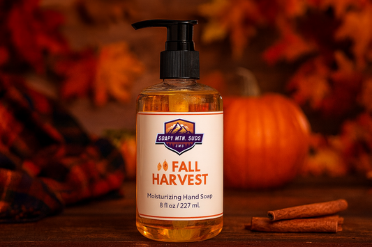 Soapy Mtn Suds Fall Harvest Hand Soap – limited seasonal release moisturizing liquid soap with warm pumpkin, cinnamon, and autumn spice notes for a cozy fall clean.