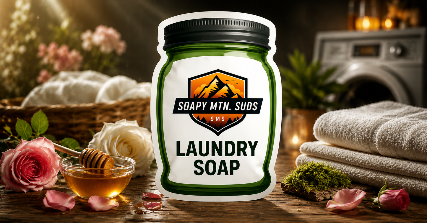 Forever Fresh No. 26 Laundry Soap by Soapy Mtn Suds in a luxury laundry room setting with rose petals, golden honey, earthy oakmoss, folded towels, and a washing machine, highlighting a premium floral powder laundry detergent.