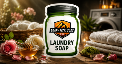 Forever Fresh No. 26 Laundry Soap by Soapy Mtn Suds in a luxury laundry room setting with rose petals, golden honey, earthy oakmoss, folded towels, and a washing machine, highlighting a premium floral powder laundry detergent.