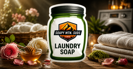 Forever Fresh No. 26 Laundry Soap by Soapy Mtn Suds in a luxury laundry room setting with rose petals, golden honey, earthy oakmoss, folded towels, and a washing machine, highlighting a premium floral powder laundry detergent.