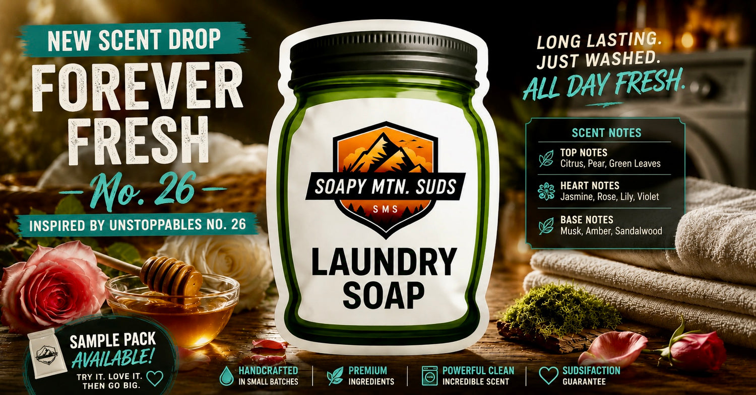 Forever Fresh No. 26 Laundry Soap by Soapy Mtn Suds, inspired by Unstopables No. 26, featuring notes of fresh rose petals, golden honey nectar, and earthy oakmoss. Promotional product image highlighting the new scent release and available single-load sample packs.