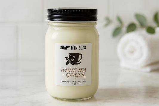 Ginger & White Tea 16oz Mason Jar Candle by Soapy Mtn Suds – hand-poured soy–paraffin blend with zesty ginger and soothing white tea scent.