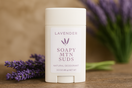 Soapy Mtn Suds Lavender Natural Deodorant – aluminum-free, baking soda-free, paraben-free deodorant with calming lavender scent, handcrafted for sensitive skin.
