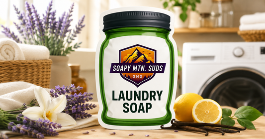 Soapy Mtn. Suds Lavender Vanilla Laundry Soap in a bright laundry room with lavender, vanilla, lemon, and fresh towels.