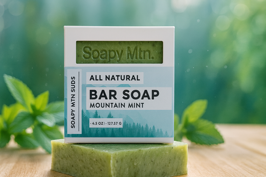 Soapy Mtn Suds Mountain Mint Bar Soap – handcrafted cold process soap with refreshing peppermint and crisp mountain air scent, made with natural oils for a cooling, invigorating clean.