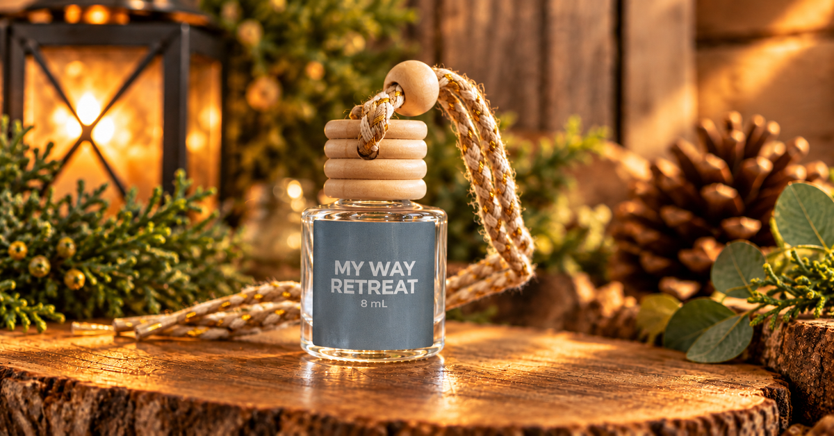 My Way Retreat 8 mL car diffuser by Soapy Mtn Suds displayed on a rustic wood surface