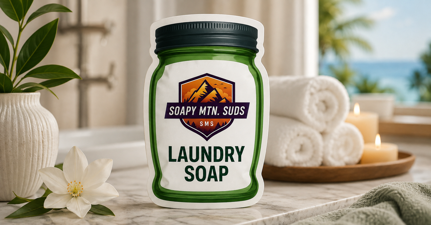 Soapy Mtn. Suds My Way Retreat Laundry Soap with luxury hotel-inspired fragrance, featuring a spa-like setting with white towels, candles, tropical greenery, and a coastal resort view.