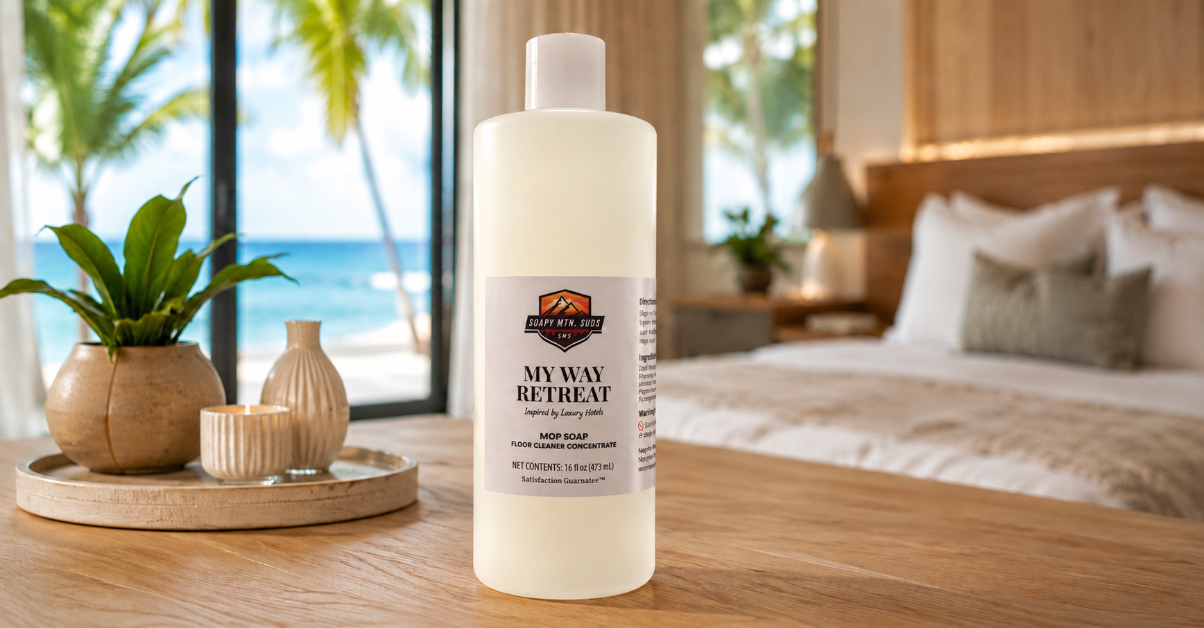 My Way Retreat Mop Soap luxury hotel inspired floor cleaner concentrate displayed in a coastal resort bedroom overlooking the ocean