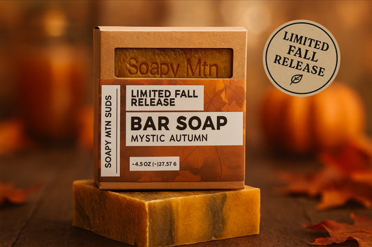 Soapy Mtn Suds Mystic Autumn Bar Soap – handcrafted cold process soap with warm autumn spices, crisp fall air notes, and earthy undertones, made with natural oils for a nourishing clean.