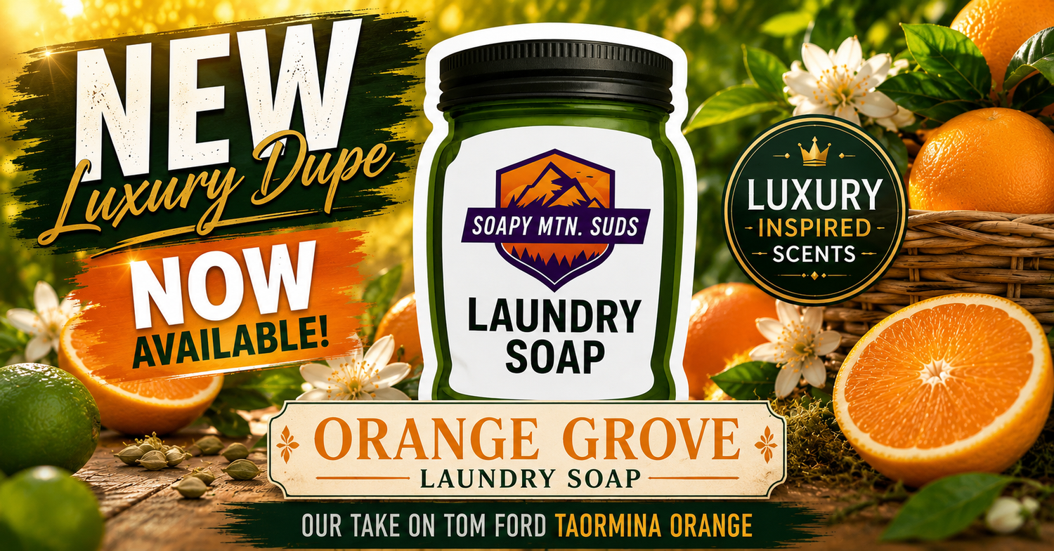 Orange Grove Laundry Soap by Soapy Mtn. Suds, a luxury-inspired laundry detergent featuring a bright citrus blend inspired by Tom Ford Taormina Orange with notes of green mandarin, lime, orange blossom, Sicilian blood orange, cardamom, oakmoss, patchouli, and soft musk.