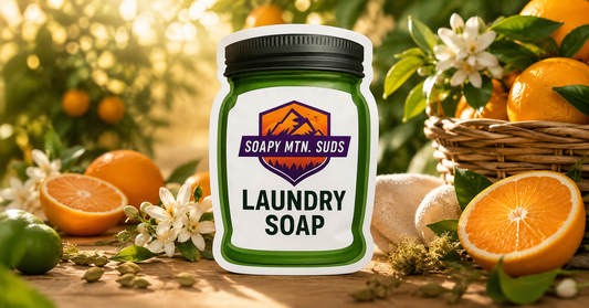 Orange Grove Laundry Soap by Soapy Mtn Suds displayed in a luxury citrus grove with fresh oranges, orange blossoms, lime, and cardamom, inspired by Mediterranean citrus and premium designer fragrances.