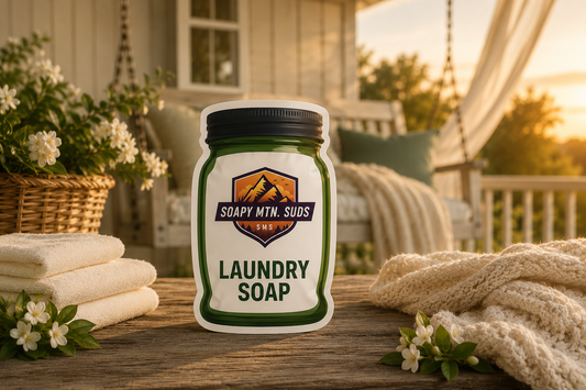 Porch Swing Breeze Laundry Soap by Soapy Mtn Suds on a cozy southern porch with fresh towels, soft blankets, and warm sunset lighting