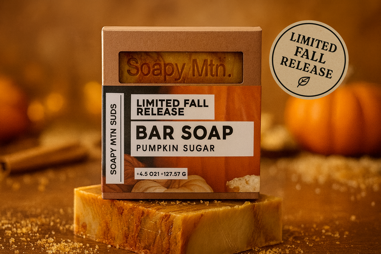 Soapy Mtn Suds Pumpkin Sugar Bar Soap – handcrafted cold process soap with sweet pumpkin, warm spices, and rich sugar notes, made with natural oils for a creamy lather and soft skin.