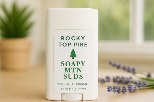 Soapy Mtn Suds Rocky Top Pine Natural Deodorant – aluminum-free, baking soda-free, paraben-free deodorant with fresh pine and crisp mountain air scent, handcrafted for sensitive skin.