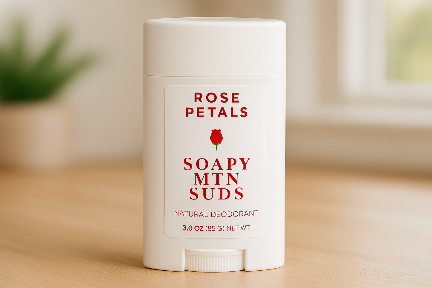 Soapy Mtn Suds Rose Petals Natural Deodorant – aluminum-free, baking soda-free, paraben-free deodorant with soft floral rose scent, handcrafted for sensitive skin.