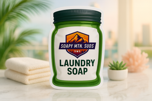 Soapy Mtn Suds 1 Hotel Type Laundry Soap – Miami Luxury Collection in green mason jar bag, luxury-inspired clean scent with folded towels and tropical modern background.